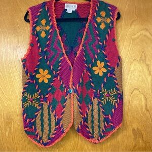 Colorful VINTAGE/retro knit M Carolyn & Co Cottagecore Fall Harvest Floral Vest